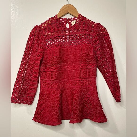 Moulinette Soeurs by Anthropologie Tamera Geometric Lace Peplum Red Blouse Sz 0 - Picture 2 of 6